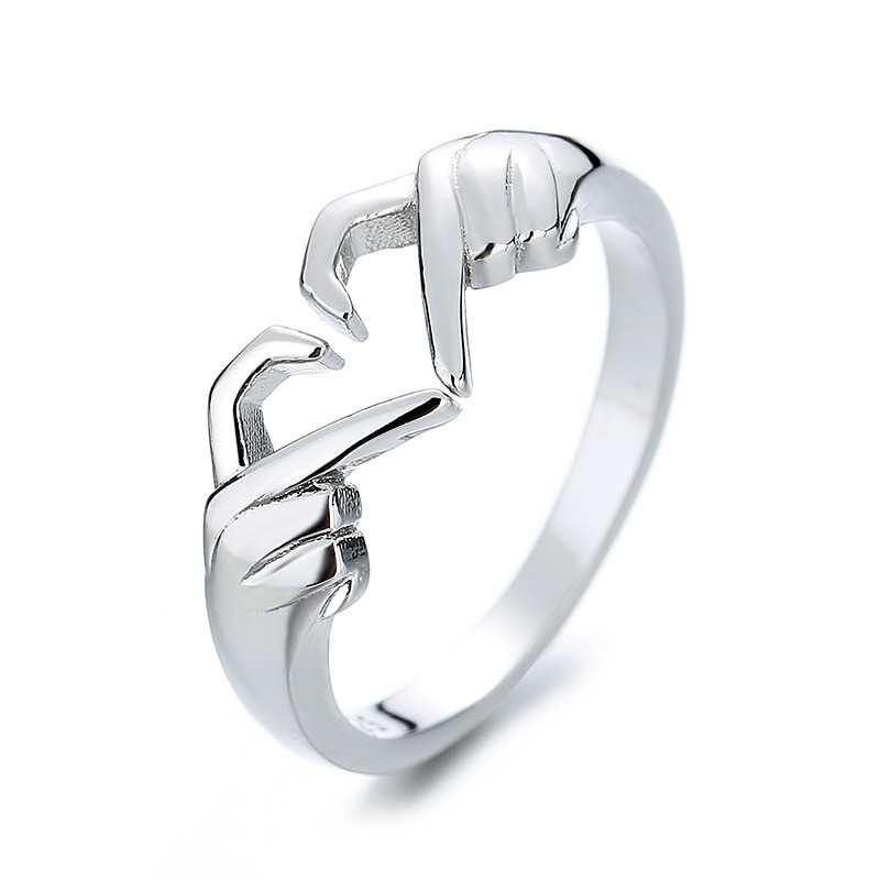 Romantic Heart & Hand Couple Ring  Silver Adjustable Open Ring for Lovers
