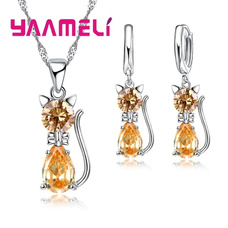 925 Sterling Silver Cat Jewelry Set  Austrian Crystal Necklace & Huggie Earrings for Women & Girls