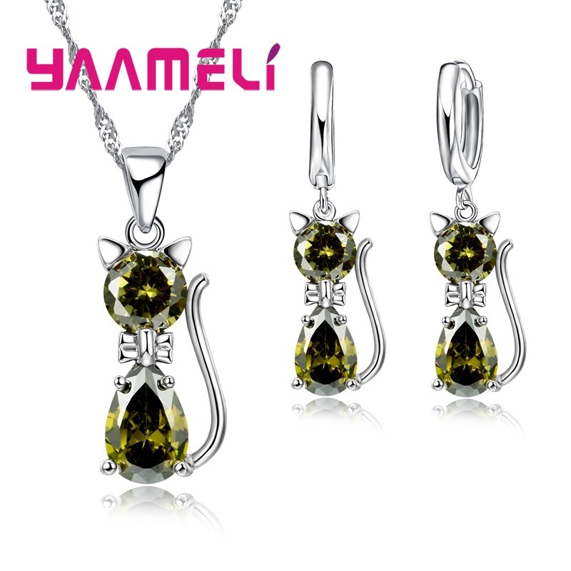 925 Sterling Silver Cat Jewelry Set  Austrian Crystal Necklace & Huggie Earrings for Women & Girls