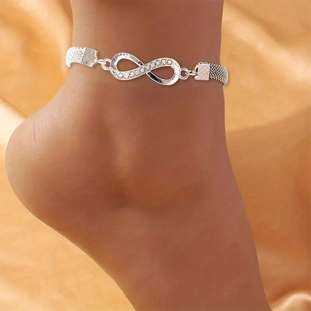 Shiny Infinity Anklet  Silver Rhinestone 8-Character Vintage Ankle Bracelet for Women