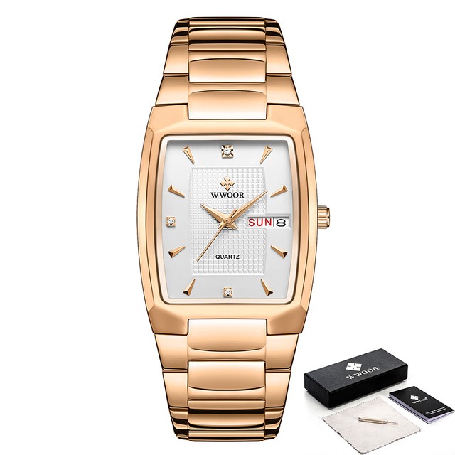 WWOOR 2024 Mens Square Watch  Luxury Gold Stainless Steel Quartz Wristwatch