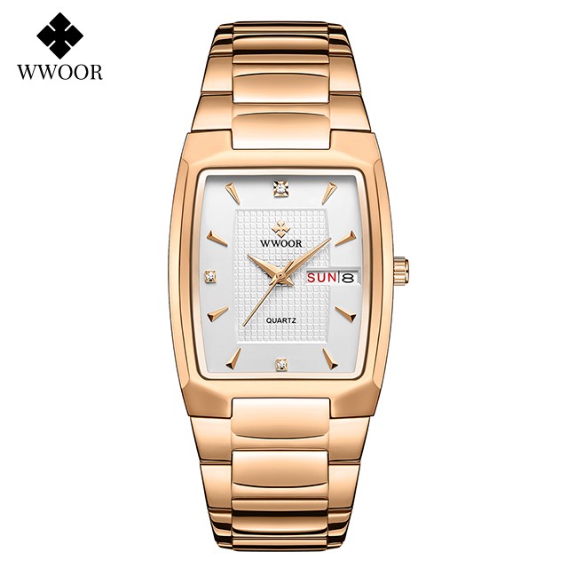 WWOOR 2024 Mens Square Watch  Luxury Gold Stainless Steel Quartz Wristwatch