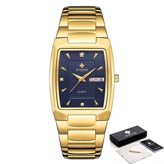 WWOOR 2024 Mens Square Watch  Luxury Gold Stainless Steel Quartz Wristwatch