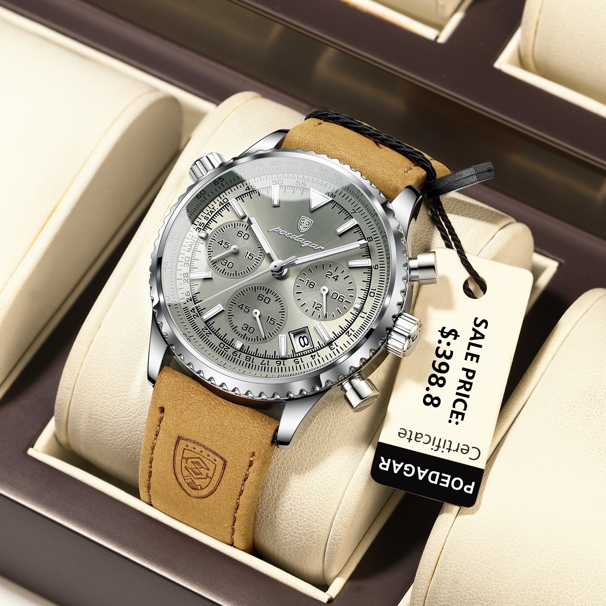 POEDAGAR Luxury Mens Quartz Watch  Waterproof Luminous Chronograph with Date & Leather Strap