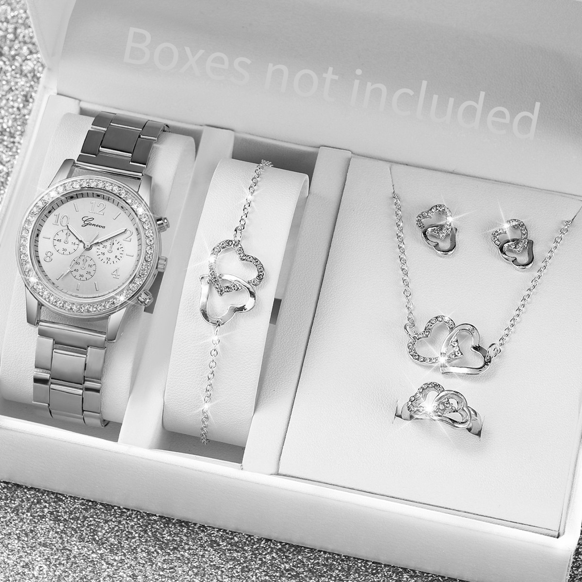 6PCS Women's Fashion Watch & Jewelry Set  Rhinestone Stainless Steel Quartz Watch with Double Heart Design