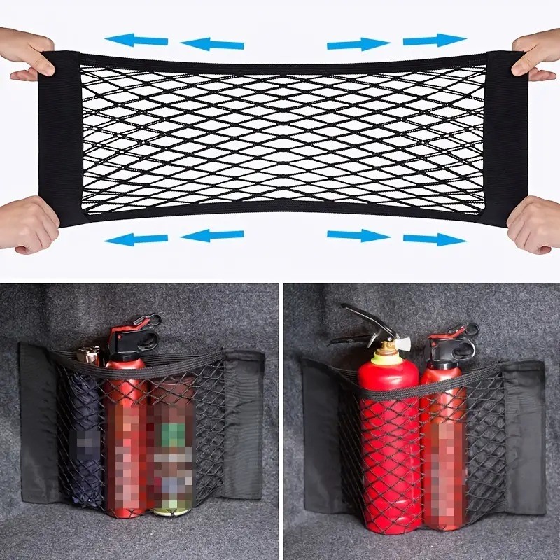 Universal Double Mesh Car Storage Bag  Trunk Storage Net & Fire Extinguisher Fixed Holder