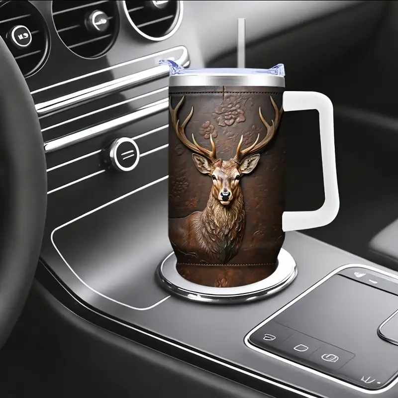 Steel Deer-Themed Tumbler with Lid & Straw - Insulated Car Travel Cup