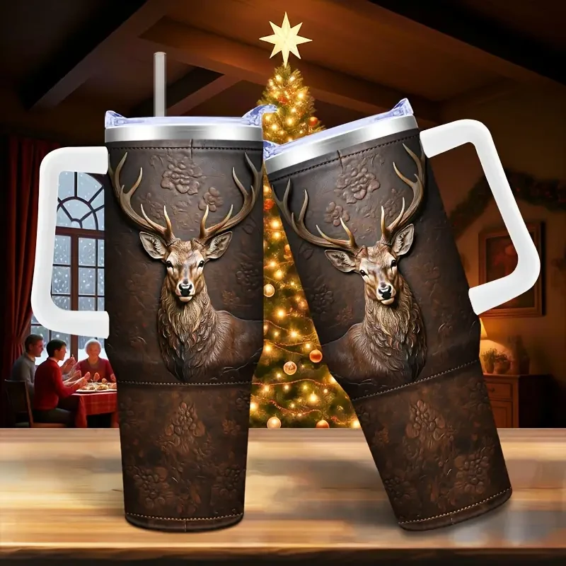 Steel Deer-Themed Tumbler with Lid & Straw - Insulated Car Travel Cup