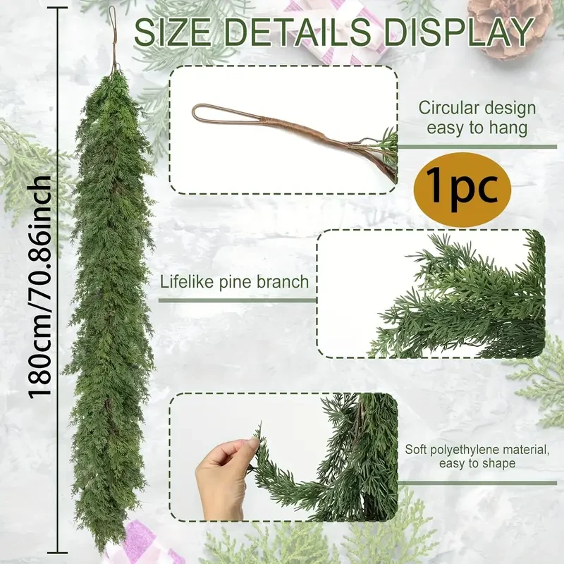 1pc 179.98cm Festive Pine Wreath, Green Cypress Garland