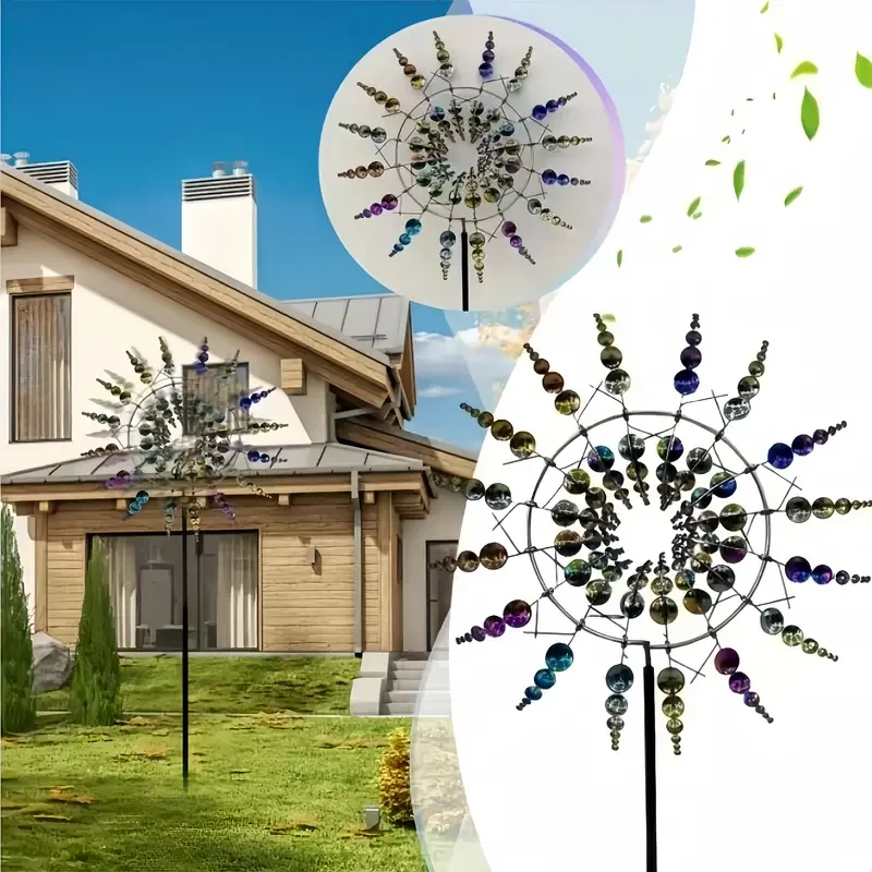 Iron Kinetic Wind Spinner with Reflective Gazing Balls - Dynamic Windmill for Garden, Lawn, Patio