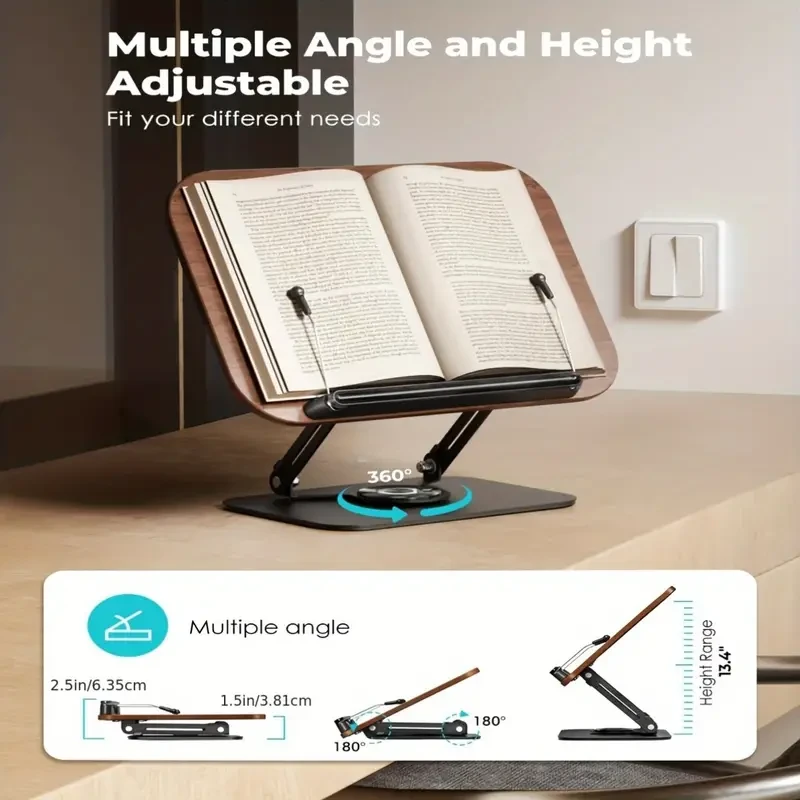 Adjustable Book Stand: 360 Rotating Base, Height & Angle Adjustable, Foldable & Portable