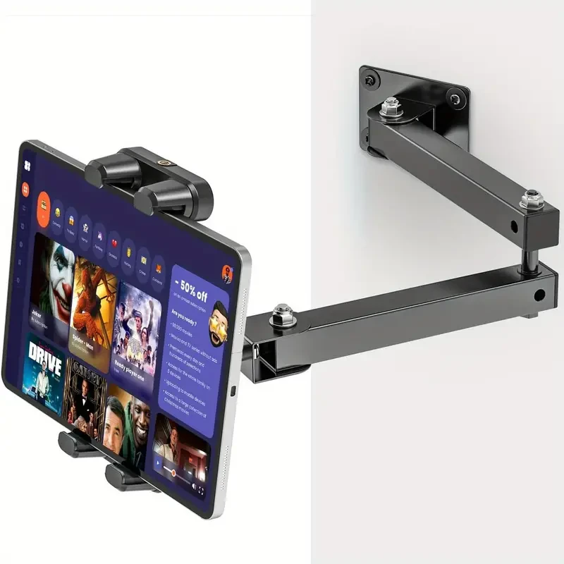 Aluminum Alloy Tablet Wall Mount Stand with 360 Rotating Adjustable Arm, Sturdy Metal Base, Clip Holder, Compatible with 11.94-34.29 cm Tablets & Smartphones