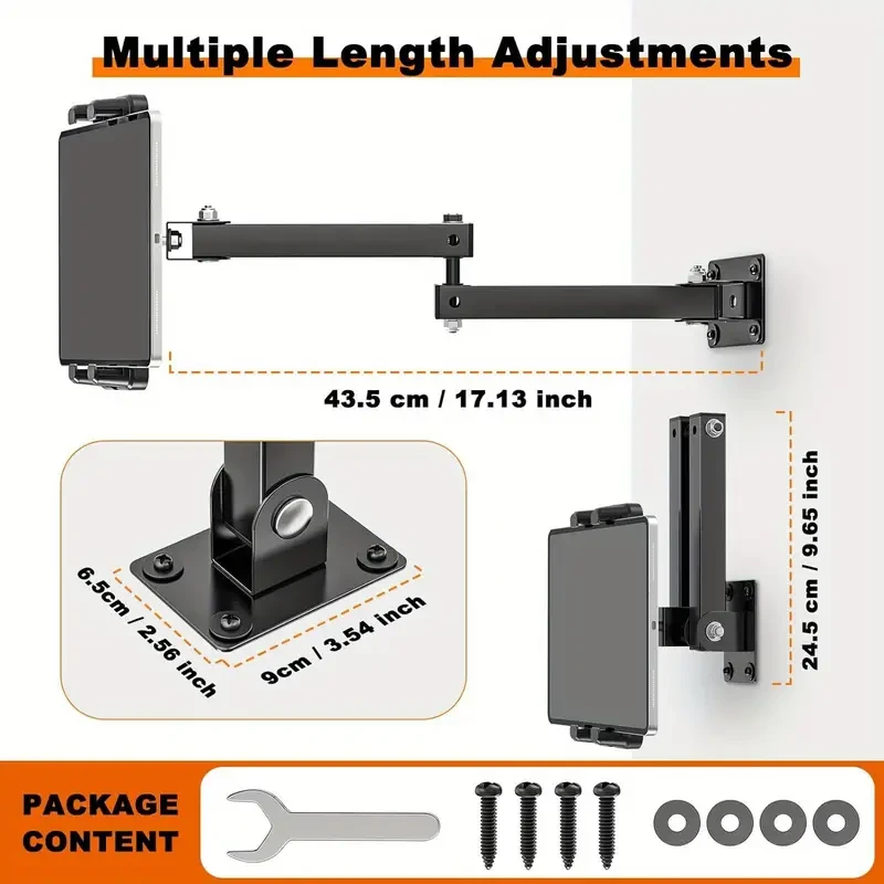 Aluminum Alloy Tablet Wall Mount Stand with 360 Rotating Adjustable Arm, Sturdy Metal Base, Clip Holder, Compatible with 11.94-34.29 cm Tablets & Smartphones