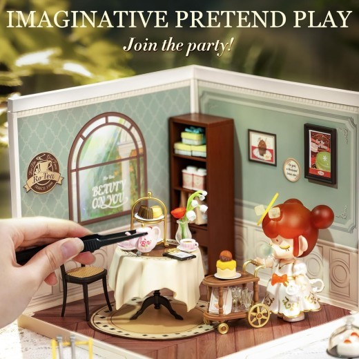 ROBOTIME DIY Miniature House Kit, Tea House Dollhouse Model Building Craft Kit With LED For Adults And Kids, Birthday Gift DW011