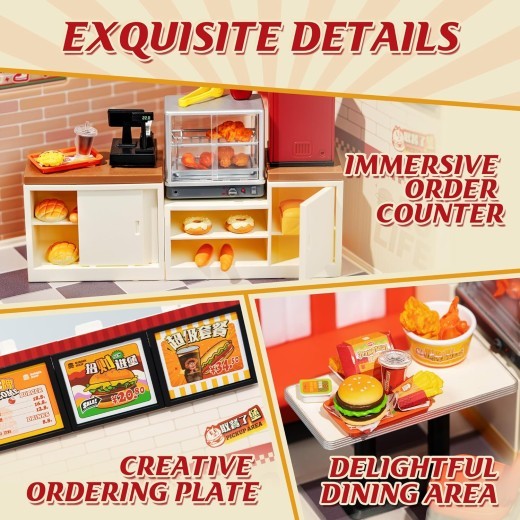 ROBOTIME DIY Miniature Dollhouse Kits Yum Burgers With LED Building Craft DW010
