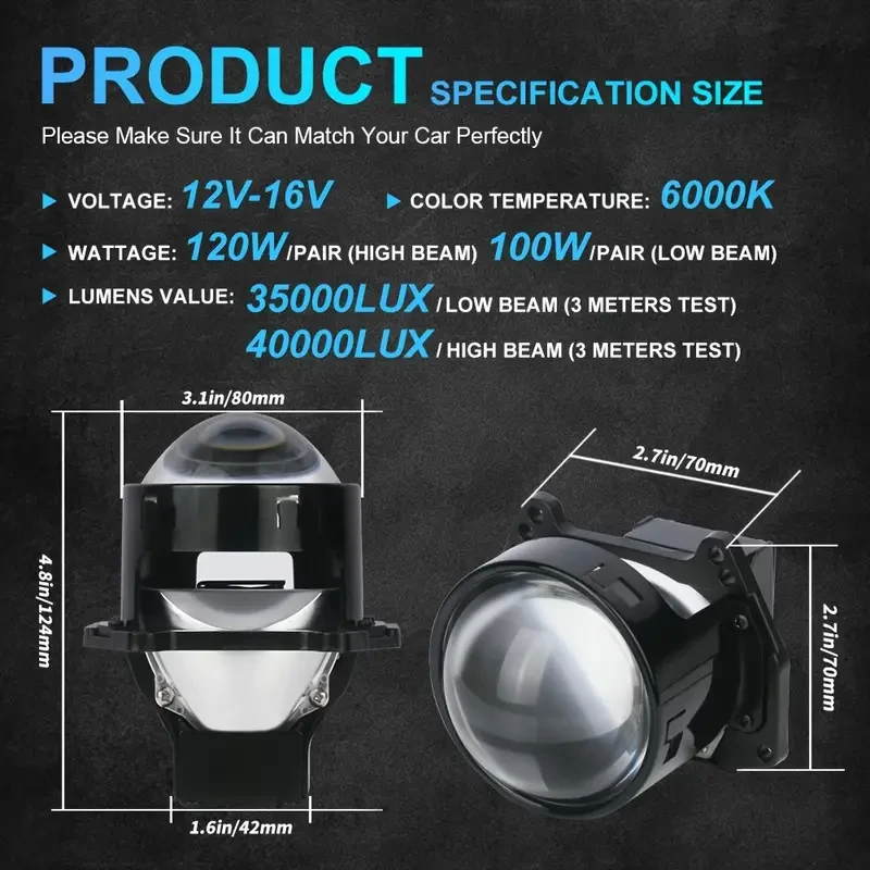 LupuAuto Original 7.62 cm Bi LED Projector Lens for Hella LED Headlight - 120W 40000LM - 6 LED Chips - Perfect Beam Pattern - Suitable for Most Headlights - 12-24V Al Alloy