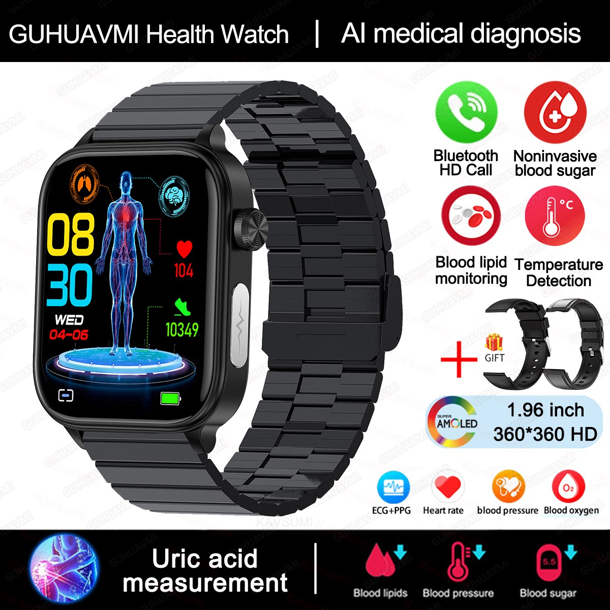 2024 AI Medical Diagnosis Smart Watch  Blood Lipids, Uric Acid, Blood Glucose Monitoring with ECG+PPG, Bluetooth Calls, and Health Tracking