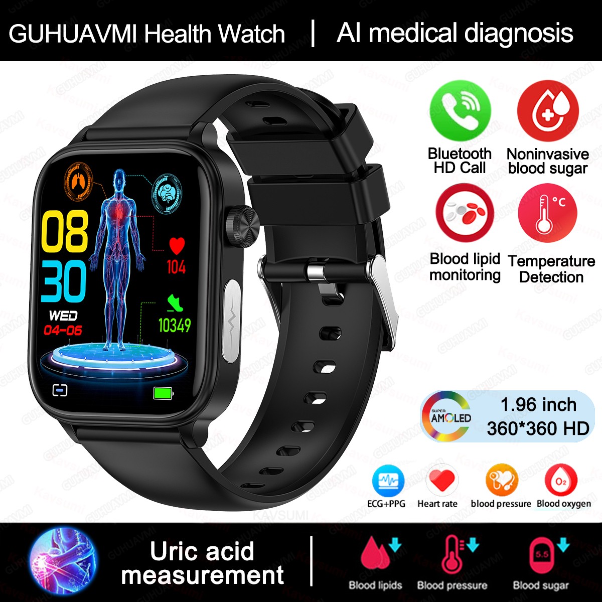 2024 AI Medical Diagnosis Smart Watch  Blood Lipids, Uric Acid, Blood Glucose Monitoring with ECG+PPG, Bluetooth Calls, and Health Tracking