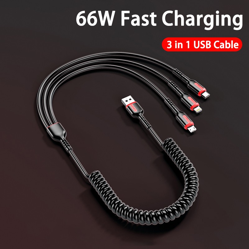 3-in-1 66W Fast Charging Cable  USB Type-C, Micro USB, and Lightning for iPhone, Samsung, Xiaomi
