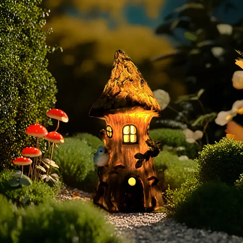 XXOASIS Solar Powered Resin Bird Treehouse Statue Light