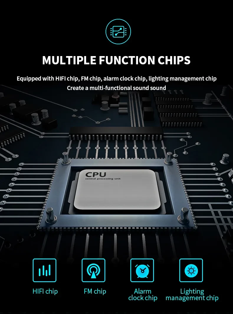 Colorful lights, dual speakers, digital buttons,