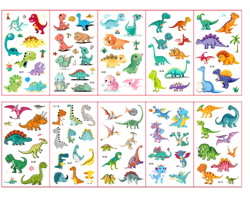 10 Sheets/Set Cartoon Dinosaur Fake Tattoo