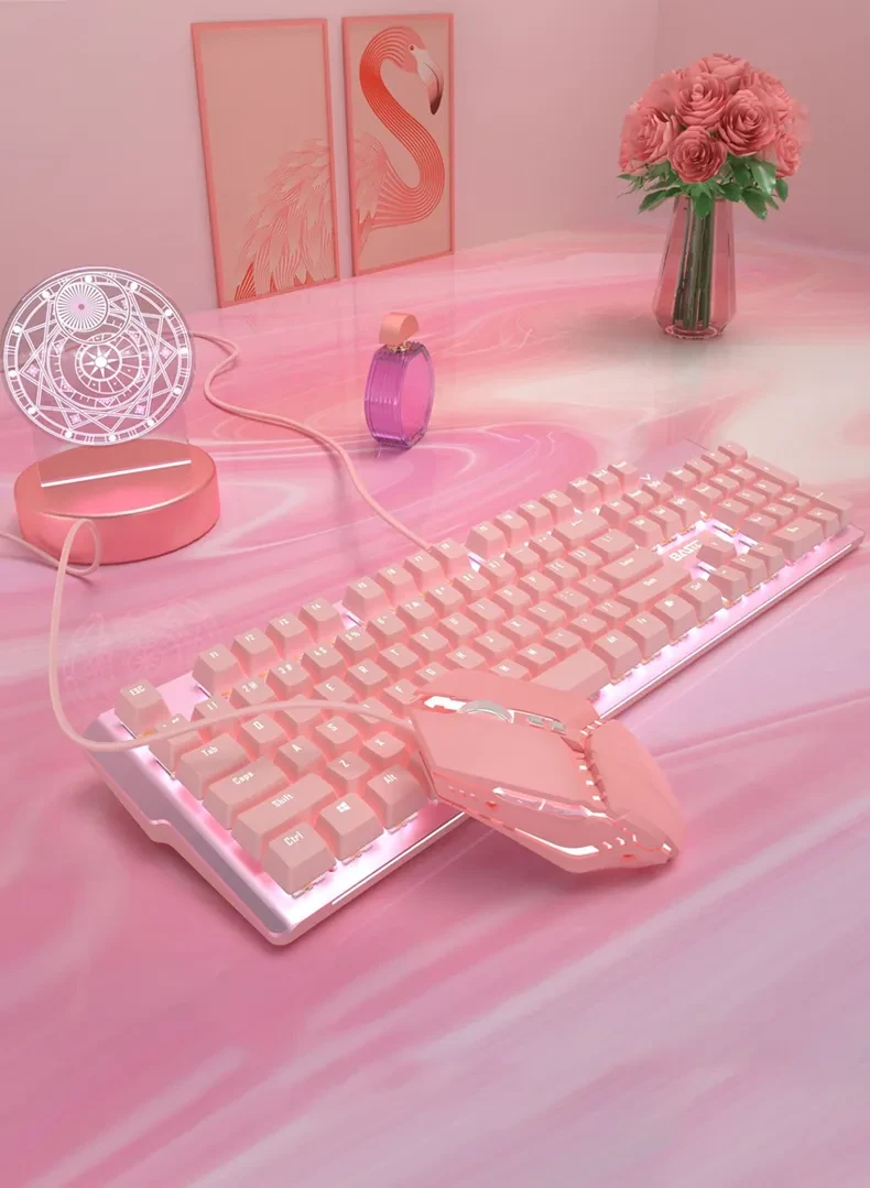 Pink Real Mechanical Keyboard And Mouse Set Girls Cute Gaming Games Dedicated Wired Green Axis Red Axis Girl Heart Luminous Wired Notebook