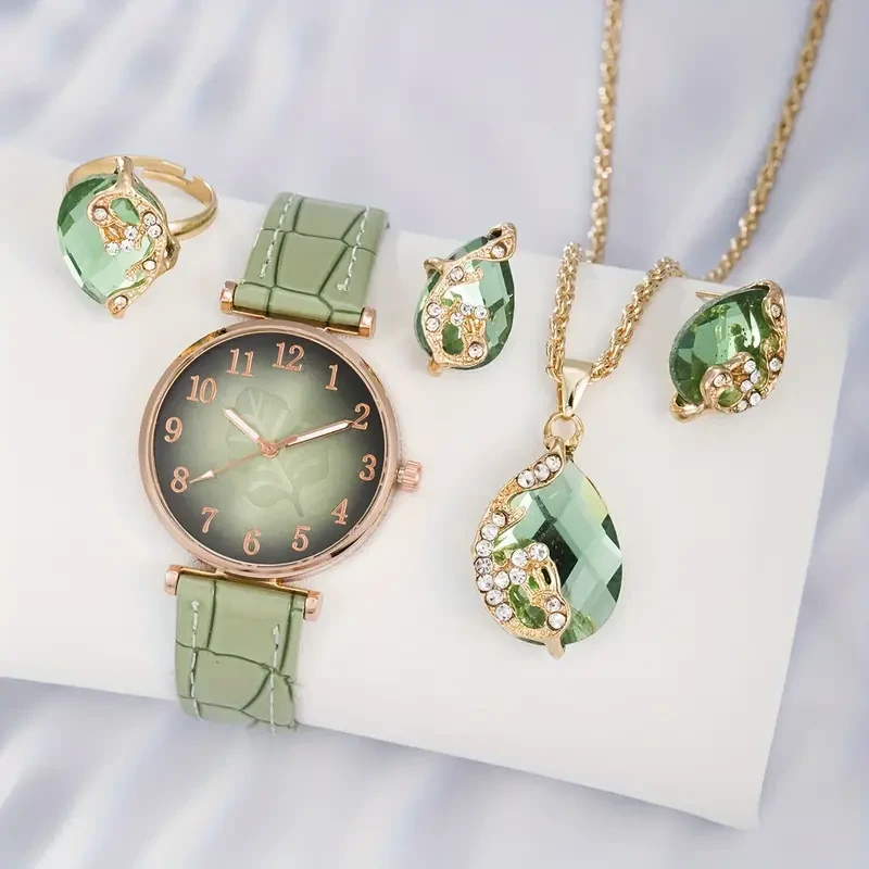 Womens Casual Leaf Quartz Watch & Jewelry Set