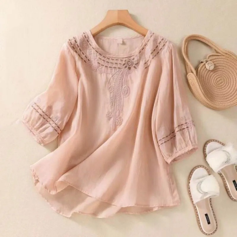 Spring And Summer Loose Artistic Vintage Cotton And Linen Embroidered Shirt