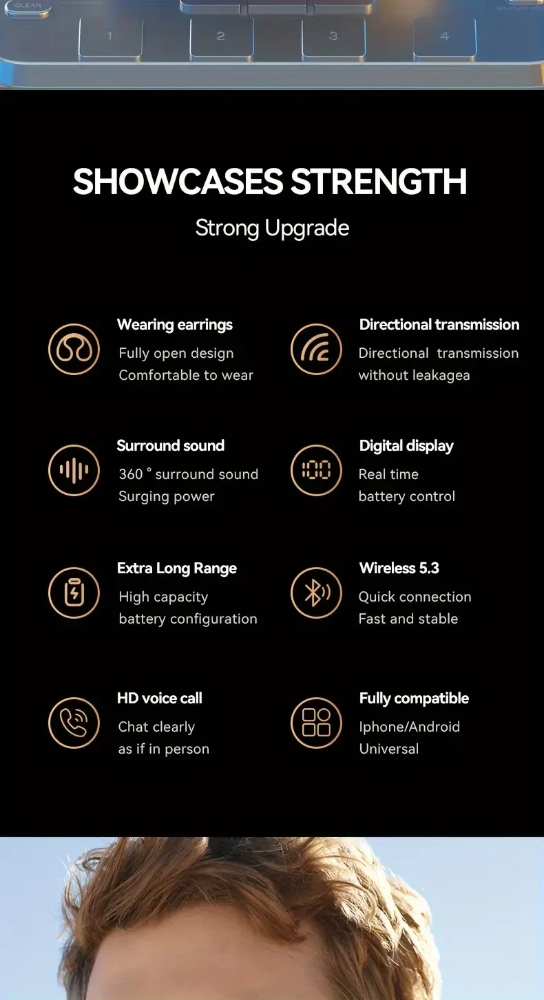 Earclip Wireless Earphones With High-definition Voice, Mirror Digital Display, Hifi Sound Quality, High Power, Automatic Touch Operation, Painless Bone Conduction, Charging Power Display, Not In Ear Earphones