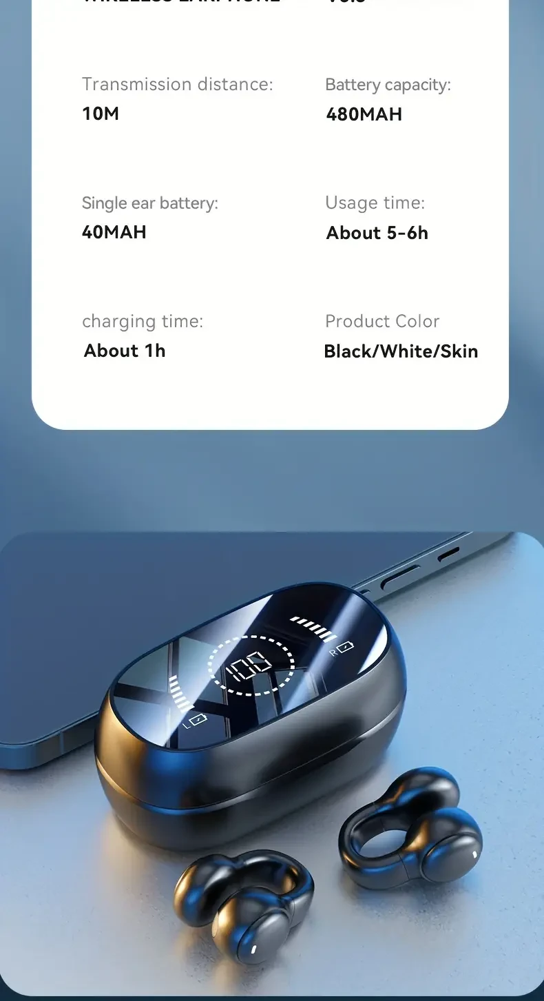 Earclip Wireless Earphones With High-definition Voice, Mirror Digital Display, Hifi Sound Quality, High Power, Automatic Touch Operation, Painless Bone Conduction, Charging Power Display, Not In Ear Earphones