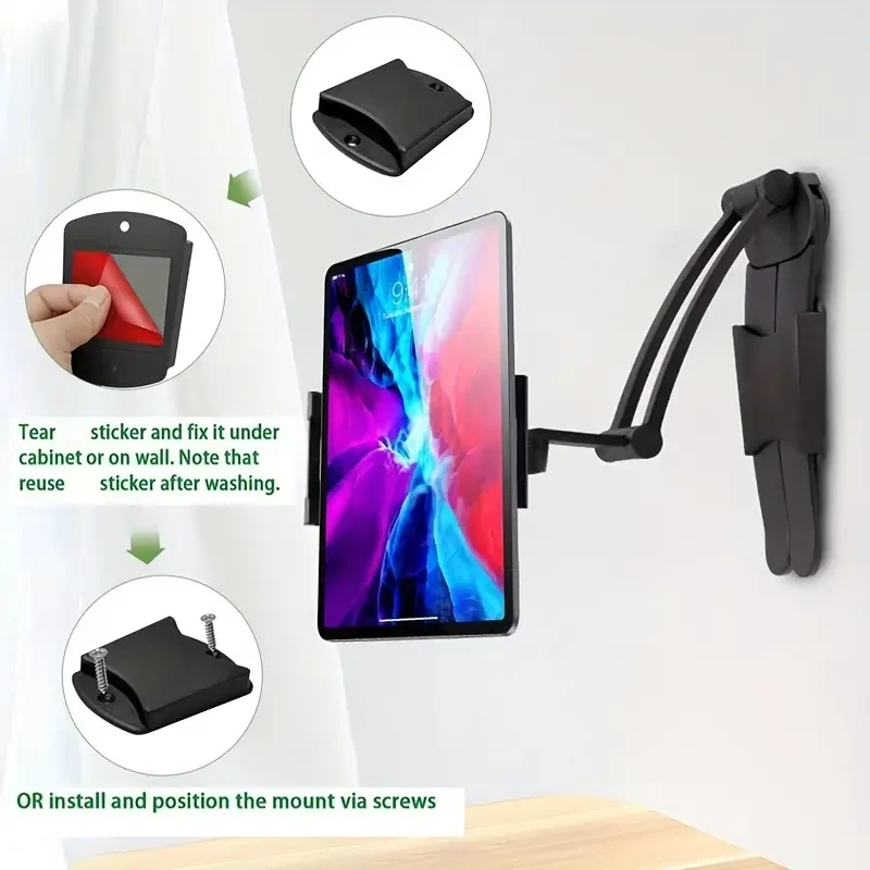 Adjustable Aluminum Wall Mount Desk Stand, 2-in-1 Multi-Angle Foldable Universal Phone & Tablet Holder, Compatible with 4.7 to 15-inch iPad, Mini, Air, Surface Pro (Black)