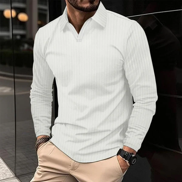 Men's Solid Striped V-Neck Long Sleeve Polo Shirt