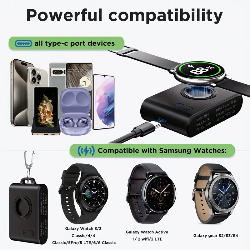 2000mAh Magnetic Keychain Watch Charger - Ultra-Compact Portable Emergency Mini Power Bank