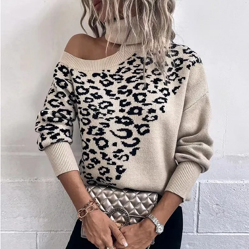 Leopard Print Stud For Autumn And Winter Women's Long-sleeved Sweater Shoulder-baring Sweater