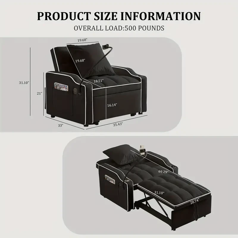 3 in 1 Convertible Sleeper Sofa Chair Bed with Adjustable Backrest, Phone Holder, and USB Type-C - Black