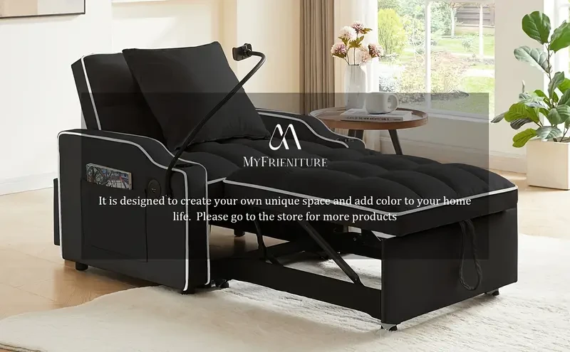 3 in 1 Convertible Sleeper Sofa Chair Bed with Adjustable Backrest, Phone Holder, and USB Type-C - Black