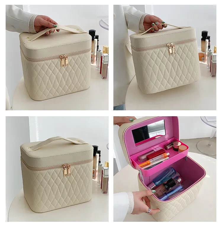 Portable Cosmetic Bag With Mirror Design Fashion Rhombus-Embroidery Double-layer Suitcase Large Capacity Make-up Storage Bags For Women