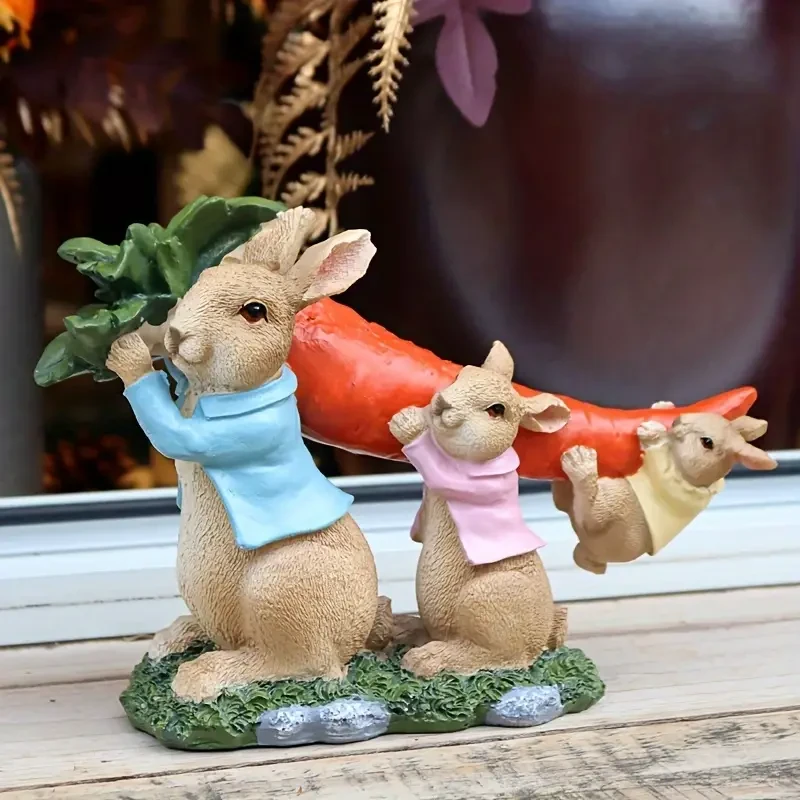 Charming Rabbit Family with Carrot - Resin Garden Statue