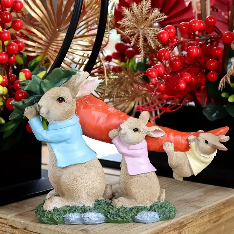 Charming Rabbit Family with Carrot - Resin Garden Statue