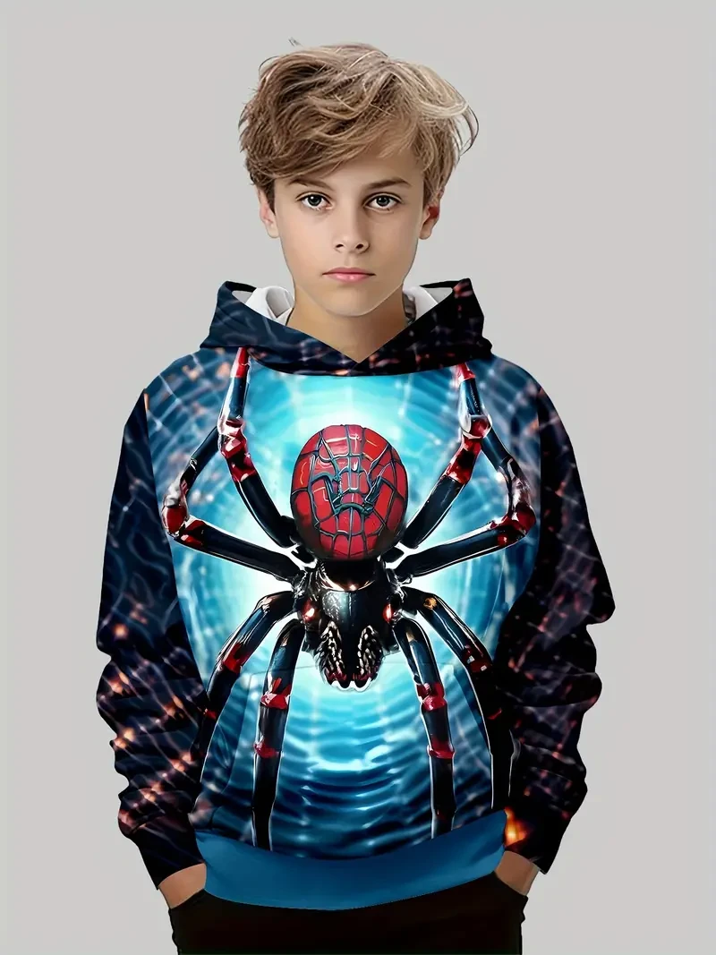 Boys' 3D Spider Print Hoodie - Casual Long Sleeve Pullover with Pockets, Perfect for Fall & Winter Outdoor Play