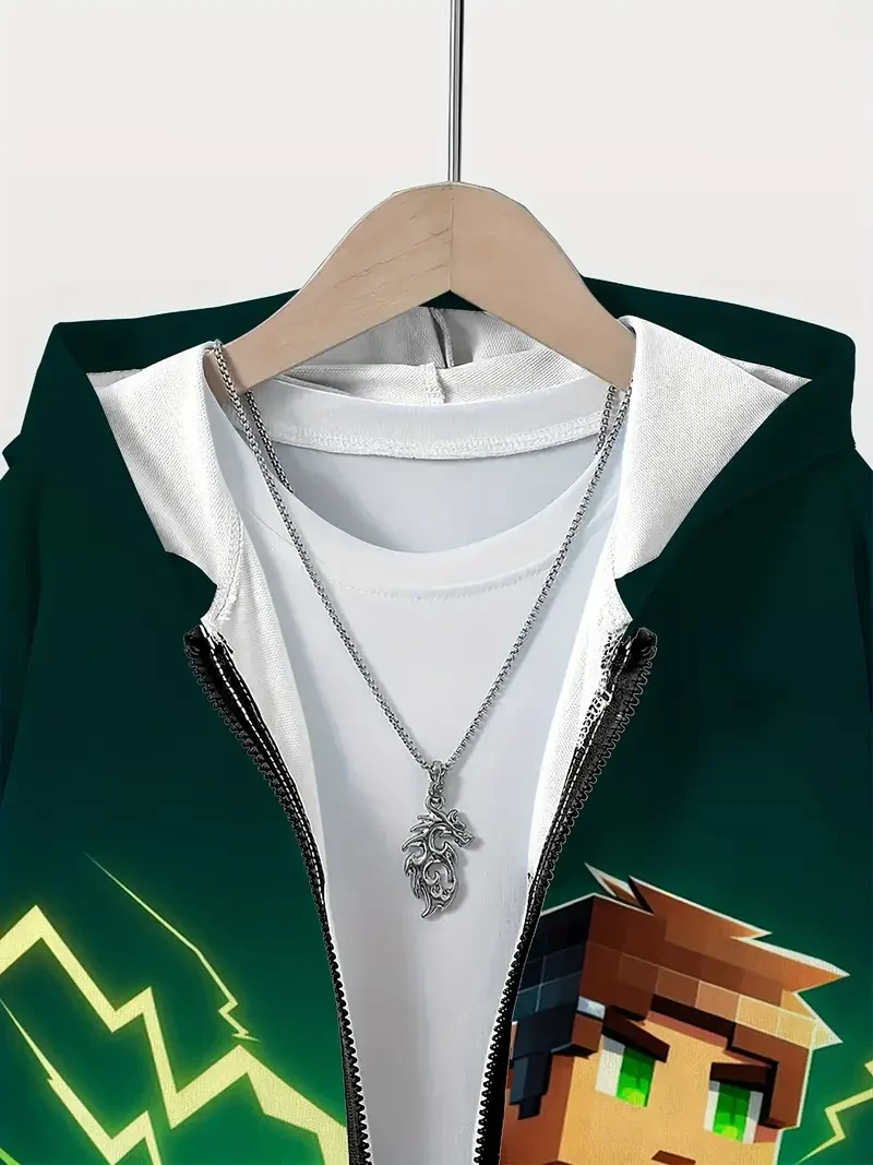 Boys' Casual Hooded Sports Suit with Geometric Block Sandbox Game Character Print - Regular Fit with Pockets, Stretch Knit Fabric for Daily And Casual Wear, Autumn/Winter, Polyester