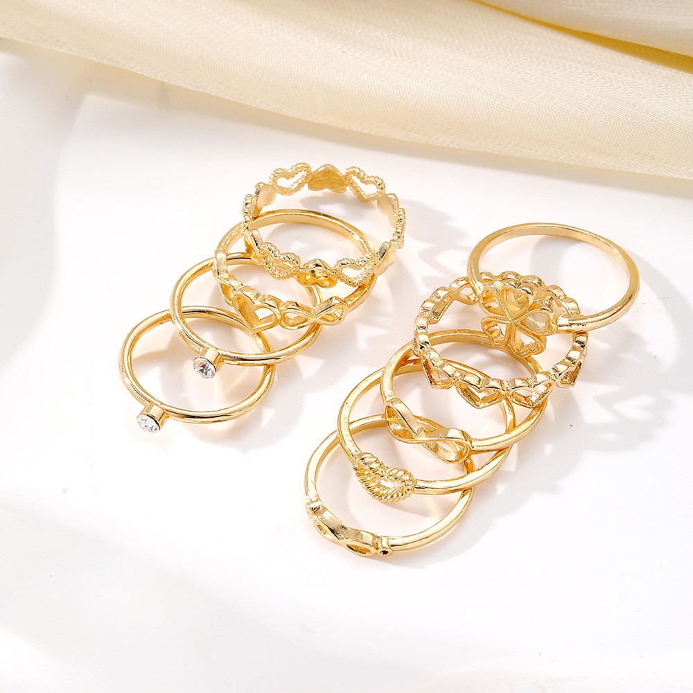 Gold Color Heart Rings 9pcs Sets For Women