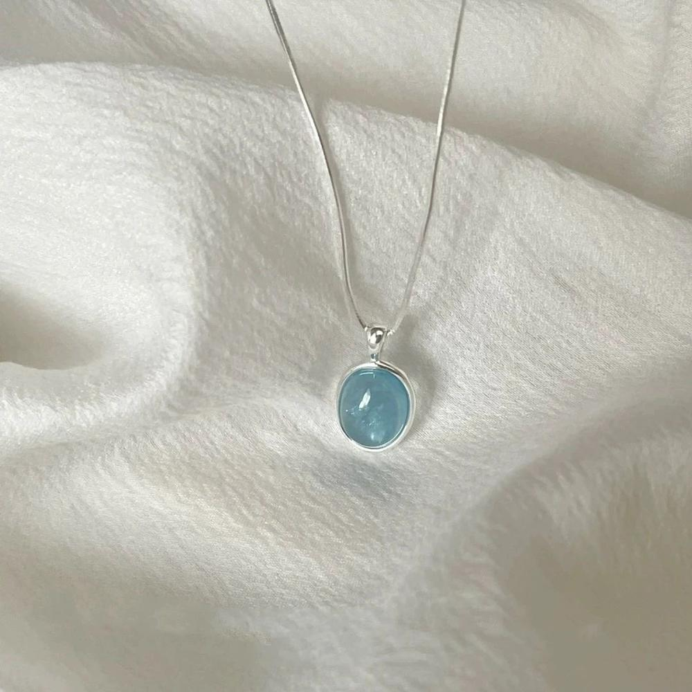 Silver Color Oval Aquamarine Pendant Necklace