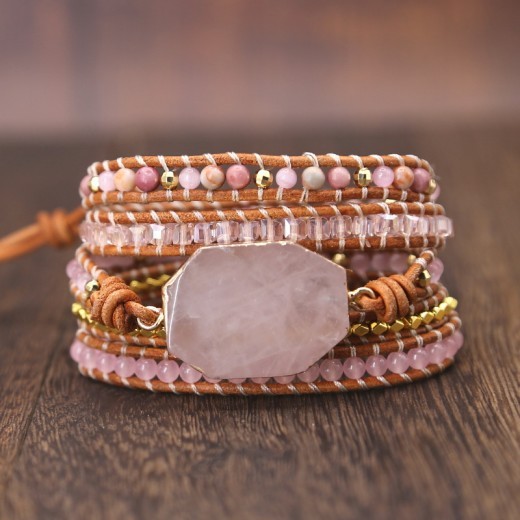 Natural Pink Spar Bracelet Beaded Natural Stone Woven