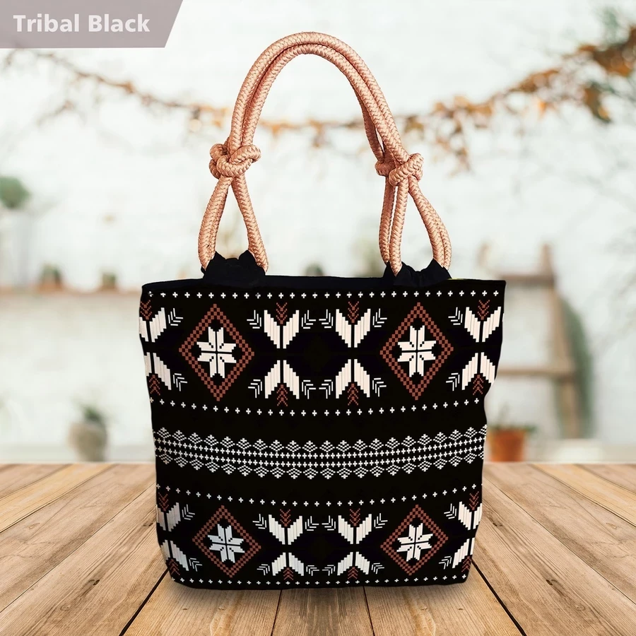 Totebag Batik Printing Ethnic Motif Tribal Tropical Floral Flower Tribal Black