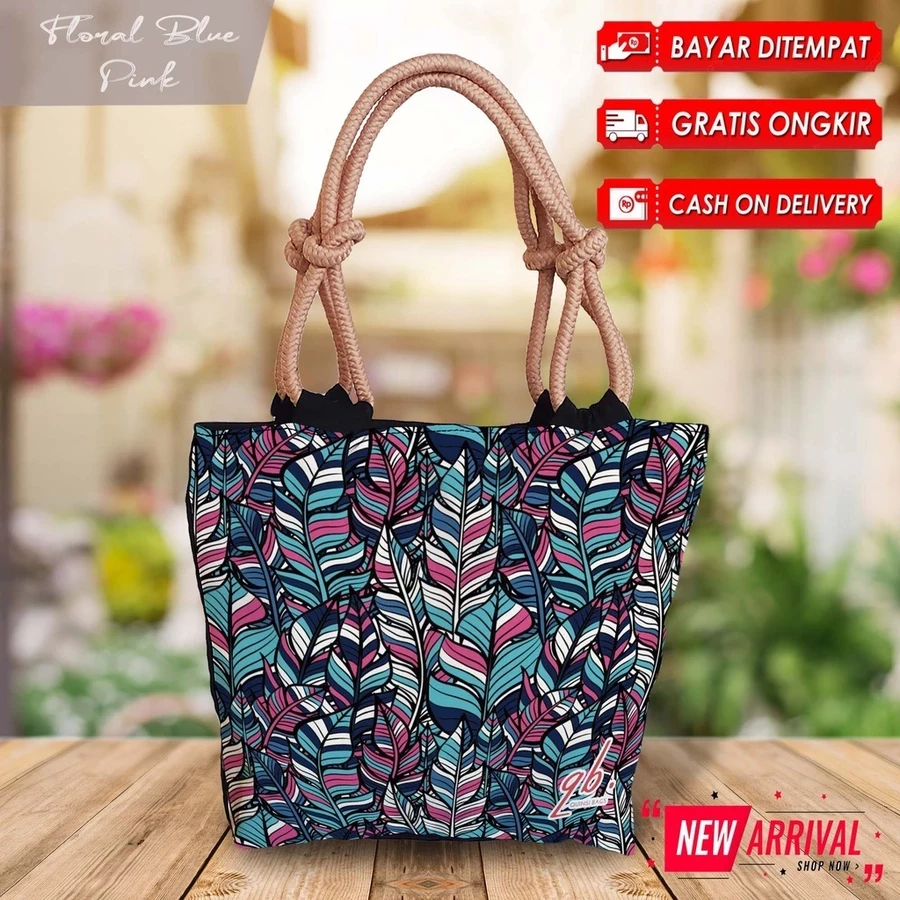 Totebag Batik Printing Ethnic Motif Tribal Tropical Floral Blue Pink