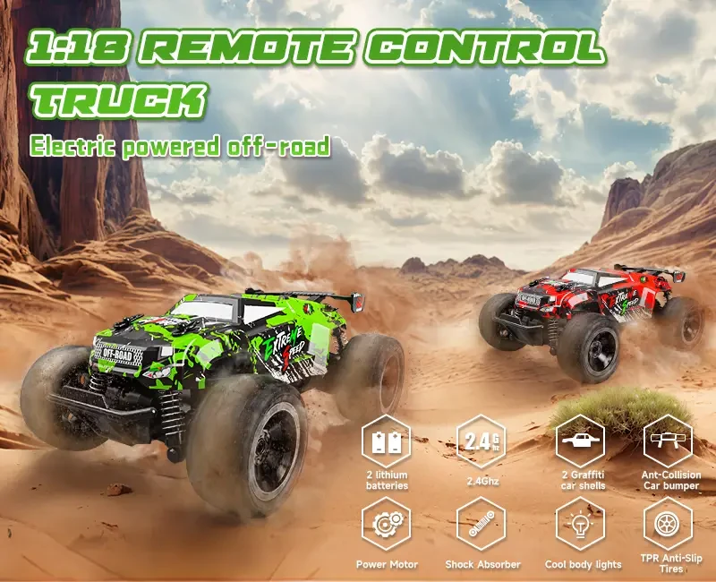 Dual shell remote control car, 1:18 scale all-terrain RC car, 2WD 20Km/h, color led lights and two rechargeable batteries, remote control monster truck off-road racing toys for kids and boys, Christmas, Halloween