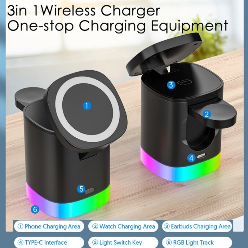 3 In 1 Magnetic Wireless Fast Charger For Smart Phone RGB Ambient Light Charging Station