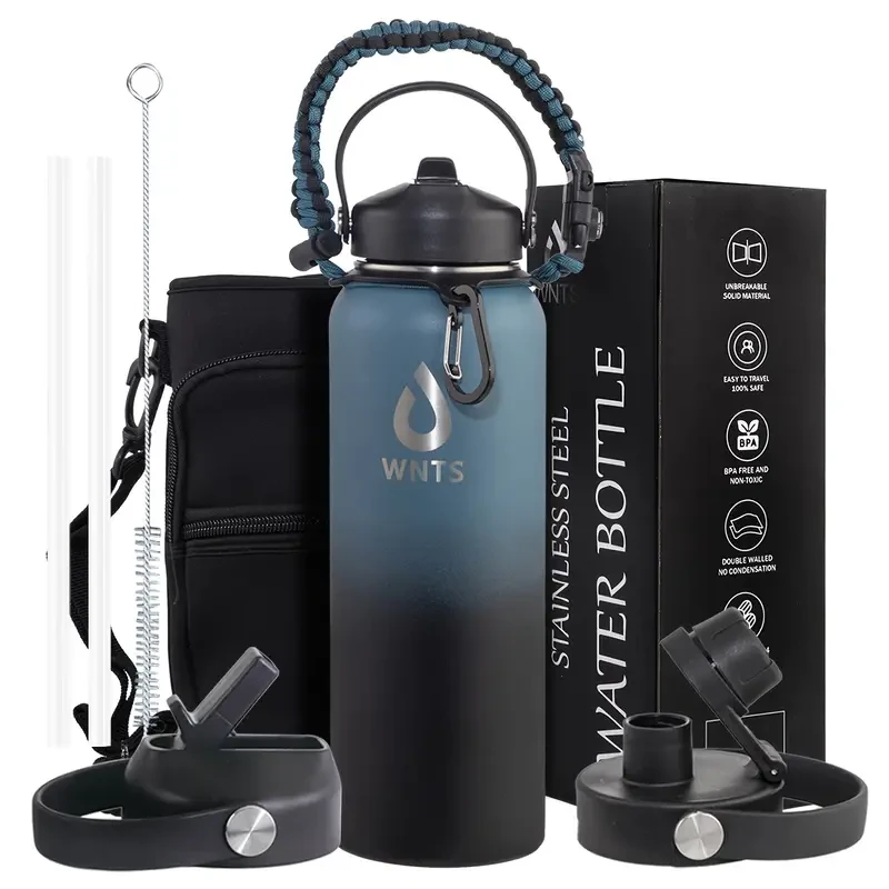 Insulated Stainless Steel Water Bottle with Straw and Brush - 40oz/60oz, Double Wall, 2 Lids, with Carrying Pouch and Loop